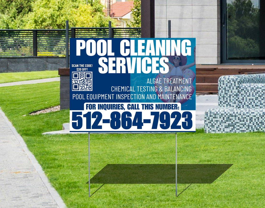 Pool cleaning service yard sign with QR code.