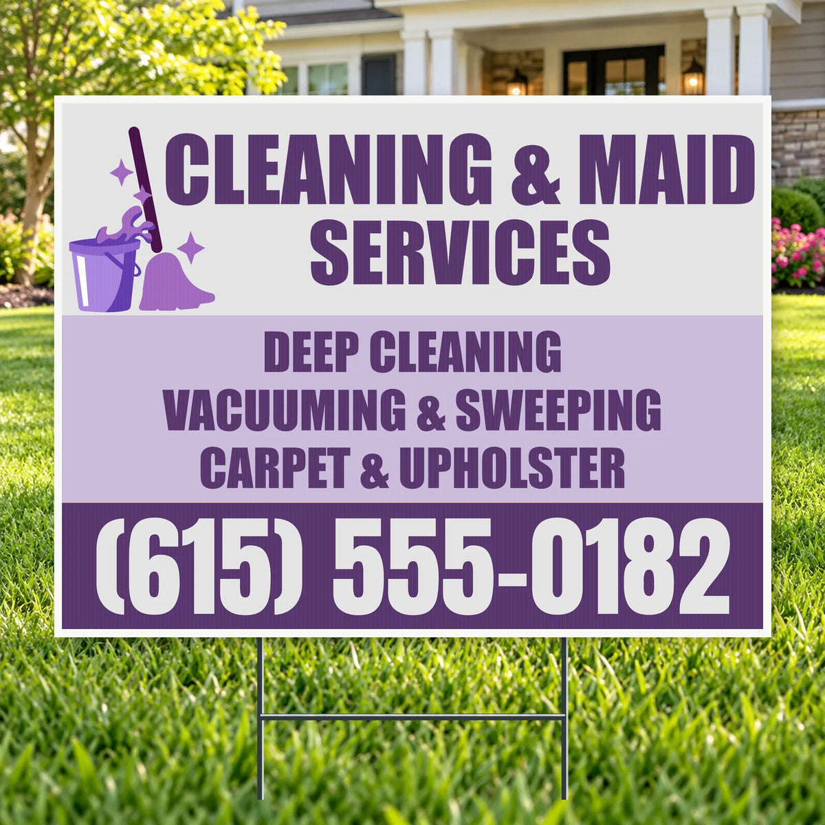Cleaners/Maids Signs - Plum & Lavender Mop and Bucket Cleaning & Maid Services Yard Sign – 24 x 18 YardSigns.com