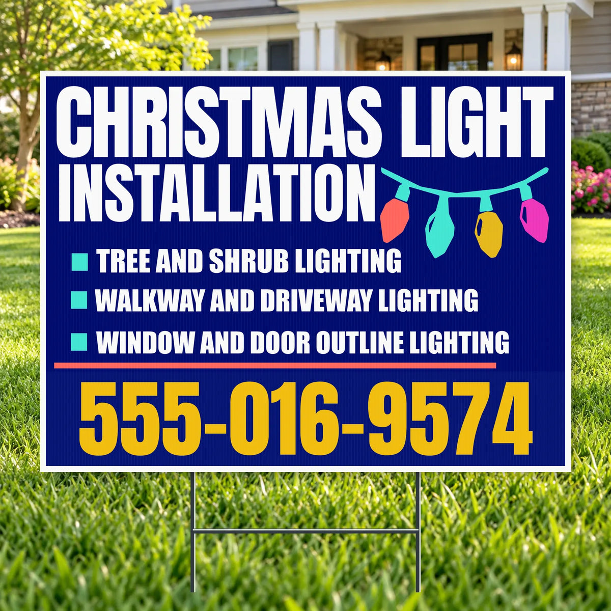 Holiday Signs - Christmas light installation - Midnight Blue & Multicolor Bulbs Christmas Light Installation Yard Sign – 24 x 18 YardSigns.com