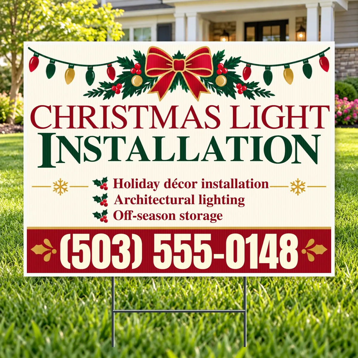 Holiday Signs - Christmas light installation - Cream & Cranberry Wreath Christmas Light Installation Yard Sign – 24 × 18 YardSigns.com