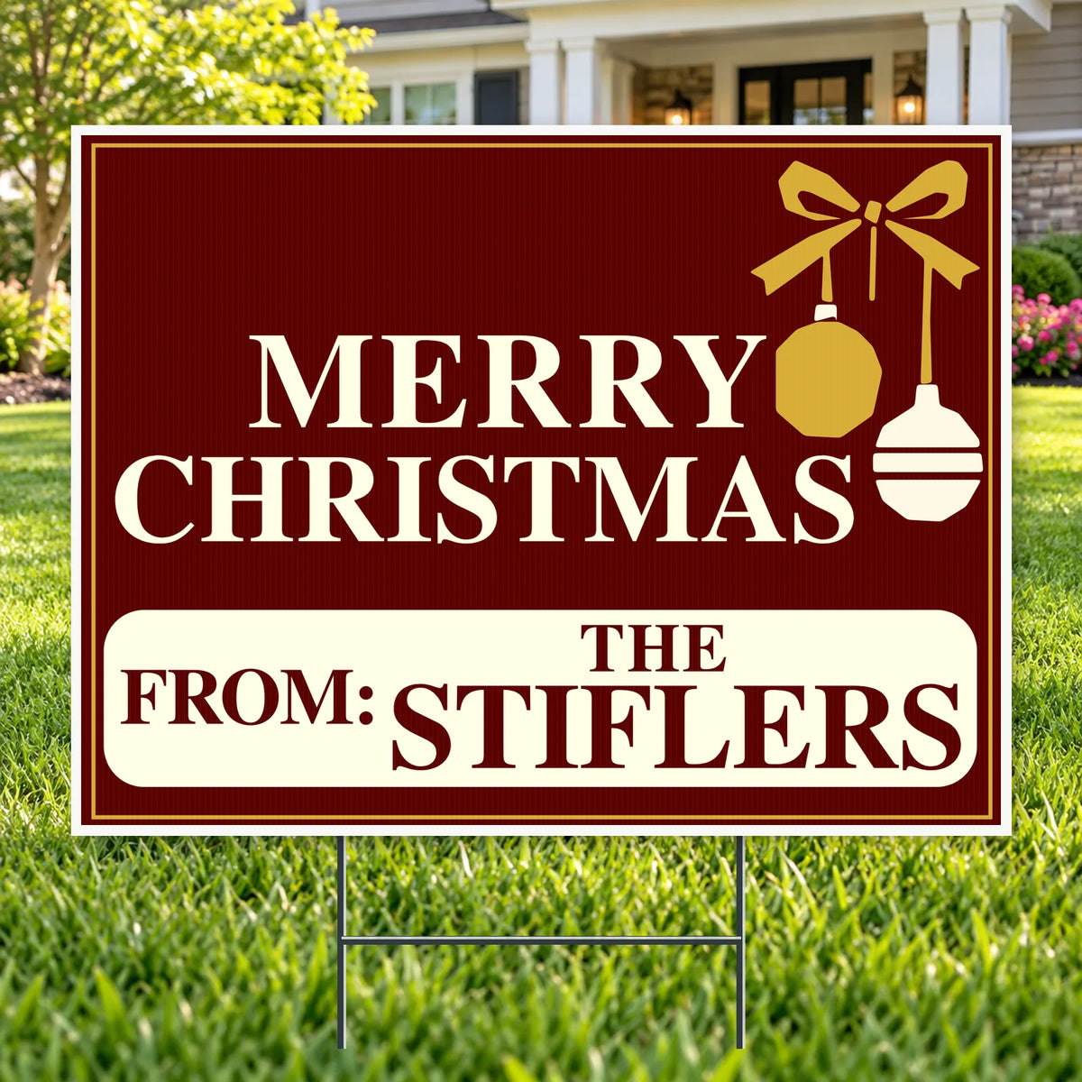 Christmas - Family holiday greeting - Burgundy & Gold Ornaments Merry Christmas Family Yard Sign – 24 x 18 YardSigns.com