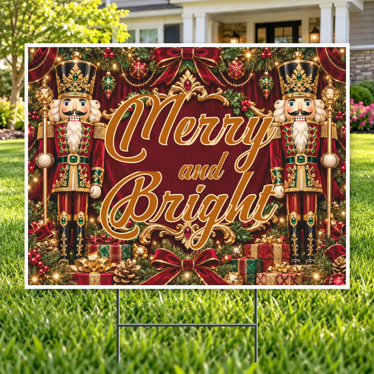 Christmas Greeting - Burgundy & Gold Nutcracker Christmas Yard Sign Template – Custom Message – 24 x 18