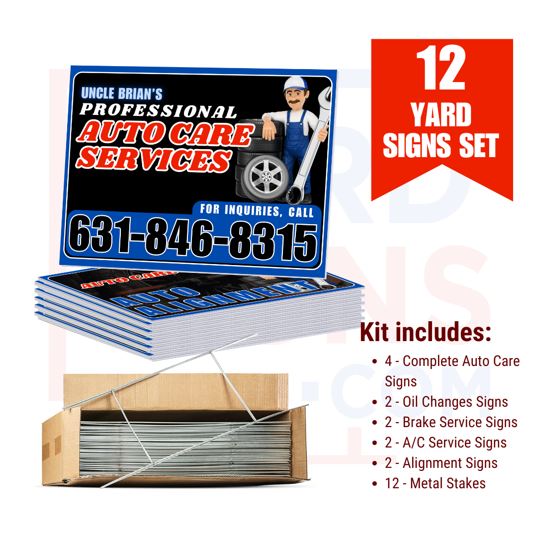 Auto Repair Services Pack - Complete Auto Care Signs, Oil Changes Signs, Brake Service Signs, A/C Service Signs, Alignment Signs - Blue Design - 12 Yardsigns - YardSigns.com