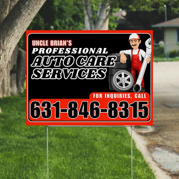 Auto Repair Services Pack - Complete Auto Care Signs, Oil Changes Signs, Brake Service Signs, A/C Service Signs, Alignment Signs - Chili Red Design - 12 Yardsigns YardSigns.com