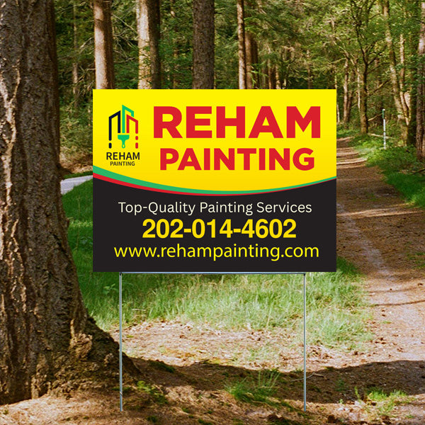 Reham Painting advertisement sign with contact number 202-014-4602 and website www.rehampainting.com displayed in a wooded area.