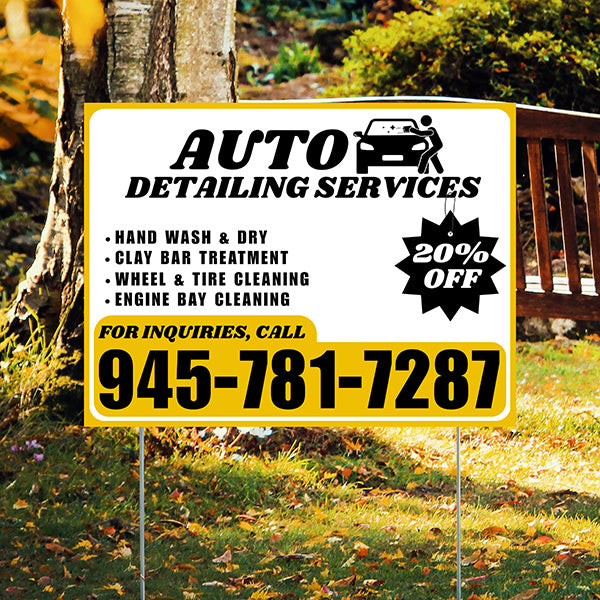 Auto Detailing Services - Hand Wash & Dry, Clay Bar Treatment, Wheel & Tire Cleaning, Engine Bay Cleaning with Discount Tag - Plain Mustard Gold White Design - YardSigns.com