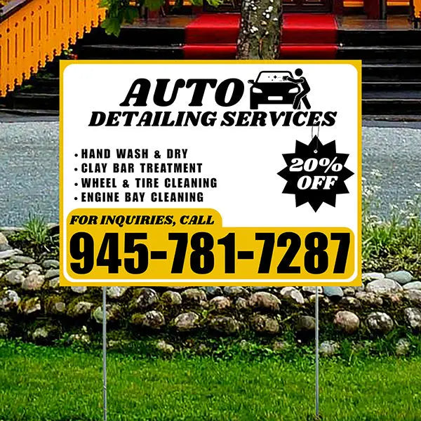Auto Detailing Services - Hand Wash & Dry, Clay Bar Treatment, Wheel & Tire Cleaning, Engine Bay Cleaning with Discount Tag - Plain Mustard Gold White Design YardSigns.com