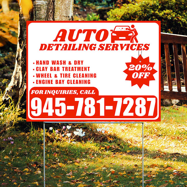 Auto Detailing Services - Hand Wash & Dry, Clay Bar Treatment, Wheel & Tire Cleaning, Engine Bay Cleaning with Discount Tag - Plain Chili Red White Design - YardSigns.com