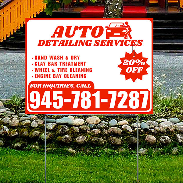 Auto Detailing Services - Hand Wash & Dry, Clay Bar Treatment, Wheel & Tire Cleaning, Engine Bay Cleaning with Discount Tag - Plain Chili Red White Design - YardSigns.com