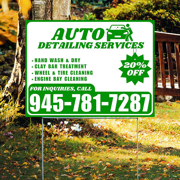 Auto Detailing Services - Hand Wash & Dry, Clay Bar Treatment, Wheel & Tire Cleaning, Engine Bay Cleaning with Discount Tag - Plain Green White Design - YardSigns.com