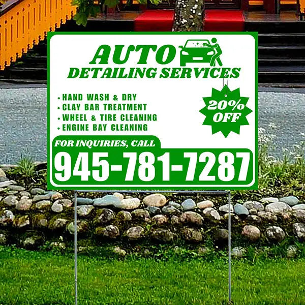Auto Detailing Services - Hand Wash & Dry, Clay Bar Treatment, Wheel & Tire Cleaning, Engine Bay Cleaning with Discount Tag - Plain Green White Design - YardSigns.com