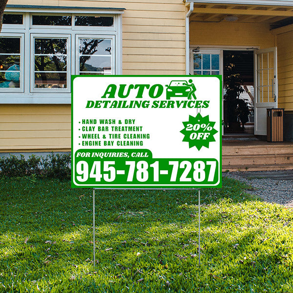Auto Detailing Services - Hand Wash & Dry, Clay Bar Treatment, Wheel & Tire Cleaning, Engine Bay Cleaning with Discount Tag - Plain Green White Design - YardSigns.com