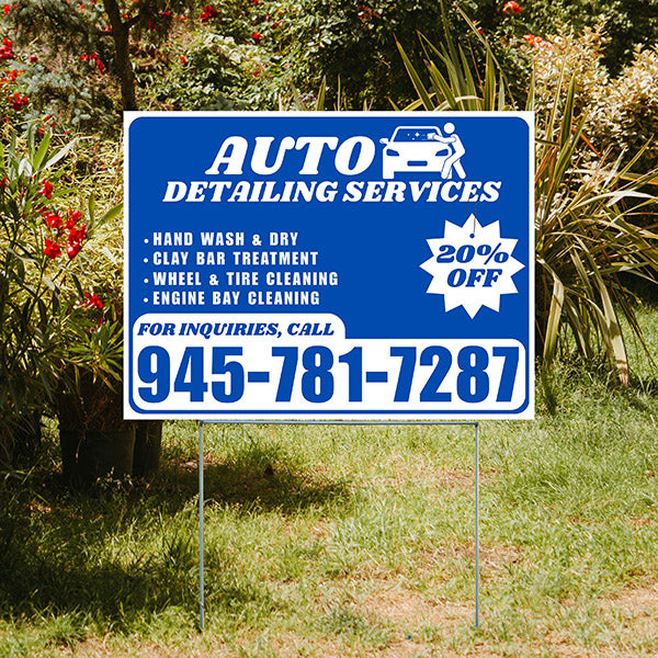 Auto Detailing Services - Hand Wash & Dry, Clay Bar Treatment, Wheel & Tire Cleaning, Engine Bay Cleaning with Discount Tag - Plain White Blue Design - YardSigns.com