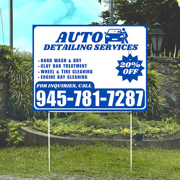 Auto Detailing Services - Hand Wash & Dry, Clay Bar Treatment, Wheel & Tire Cleaning, Engine Bay Cleaning with Discount Tag - Plain Blue White Design - YardSigns.com