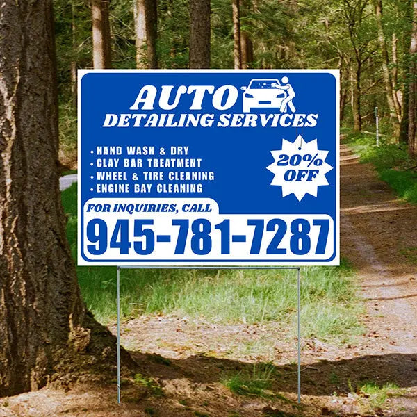 Auto Detailing Services - Hand Wash & Dry, Clay Bar Treatment, Wheel & Tire Cleaning, Engine Bay Cleaning with Discount Tag - Plain White Blue Design - YardSigns.com