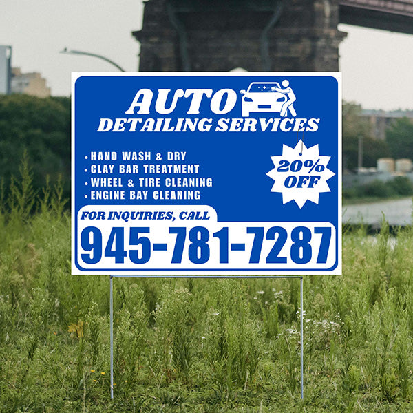 Auto Detailing Services - Hand Wash & Dry, Clay Bar Treatment, Wheel & Tire Cleaning, Engine Bay Cleaning with Discount Tag - Plain White Blue Design - YardSigns.com