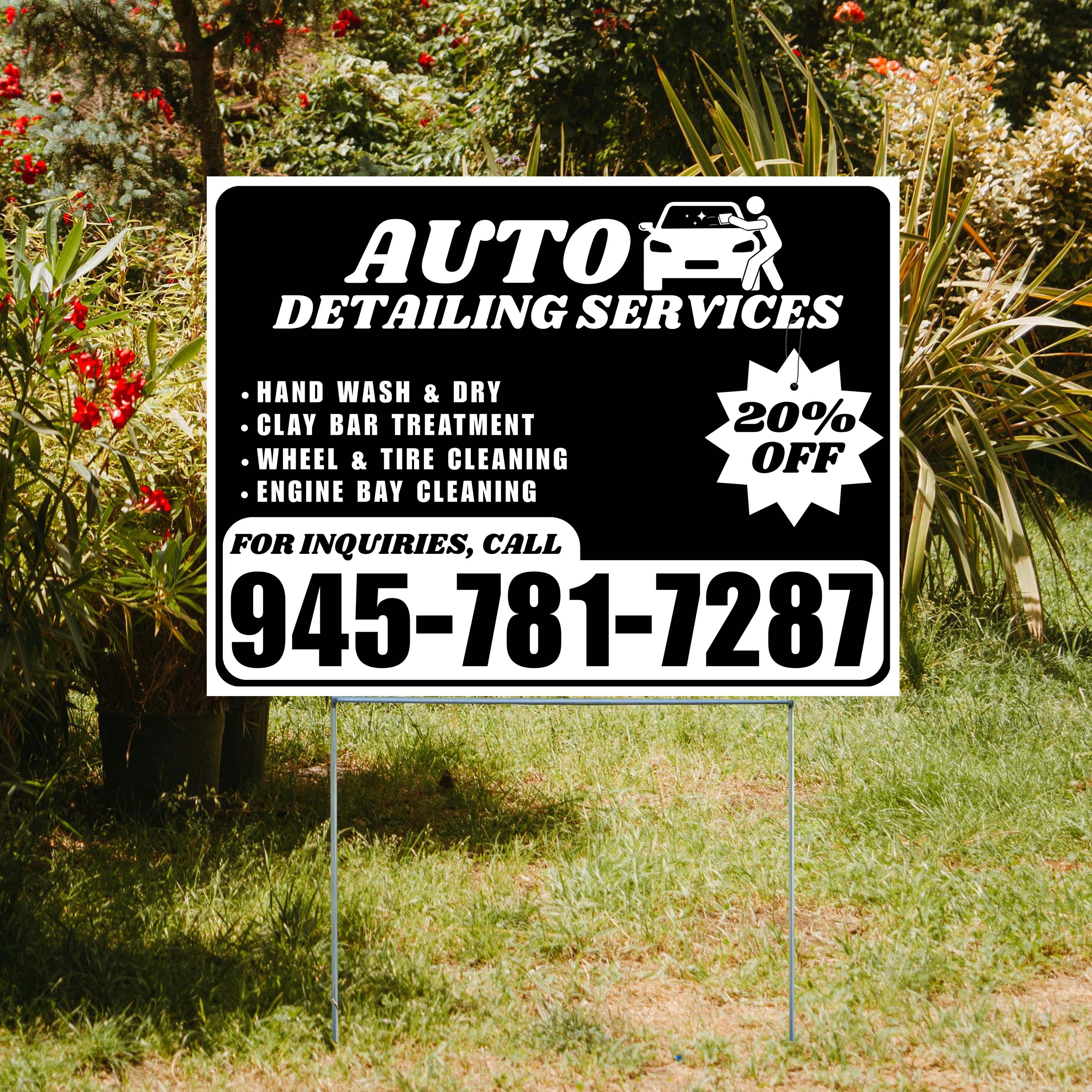 Auto Detailing Services - Hand Wash & Dry, Clay Bar Treatment, Wheel & Tire Cleaning, Engine Bay Cleaning with Discount Tag - Plain White Black Design - YardSigns.com
