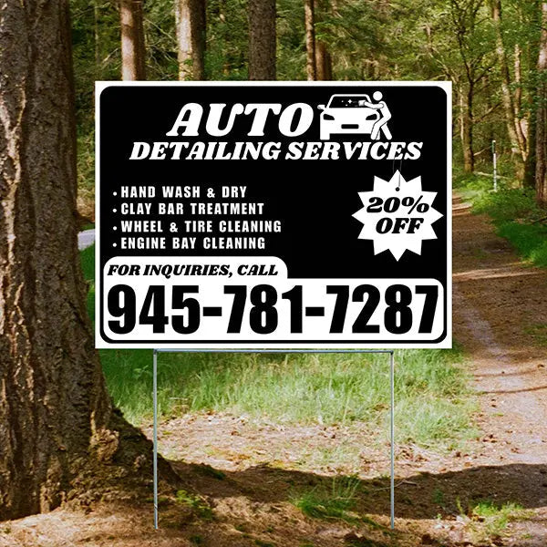 Auto Detailing Services - Hand Wash & Dry, Clay Bar Treatment, Wheel & Tire Cleaning, Engine Bay Cleaning with Discount Tag - Plain White Black Design - YardSigns.com