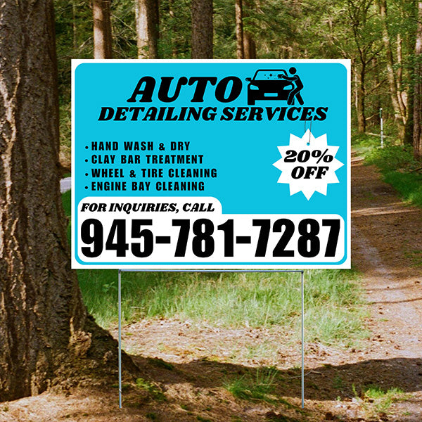 Auto Detailing Services - Hand Wash & Dry, Clay Bar Treatment, Wheel & Tire Cleaning, Engine Bay Cleaning with Discount Tag - Plain White Aqua Blue Design - YardSigns.com