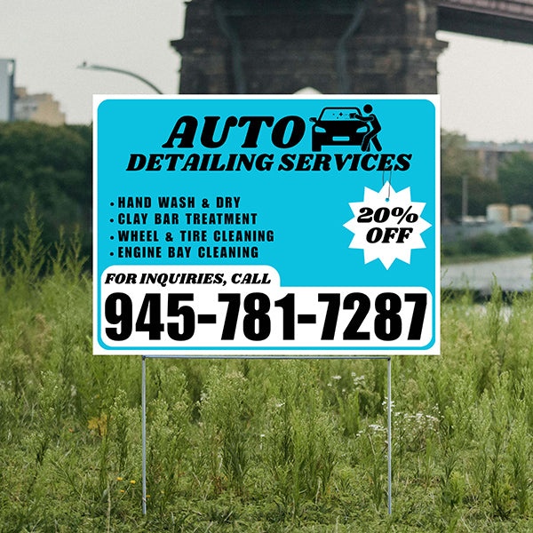 Auto Detailing Services - Hand Wash & Dry, Clay Bar Treatment, Wheel & Tire Cleaning, Engine Bay Cleaning with Discount Tag - Plain White Aqua Blue Design - YardSigns.com