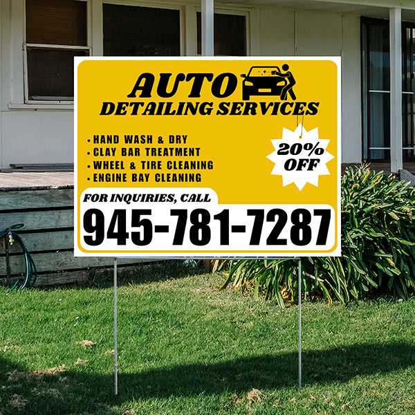 Auto Detailing Services - Hand Wash & Dry, Clay Bar Treatment, Wheel & Tire Cleaning, Engine Bay Cleaning with Discount Tag - Plain White Mustard Gold Design - YardSigns.com