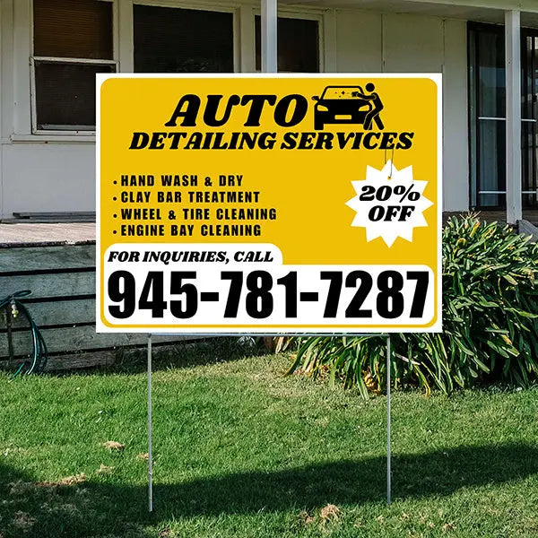 Auto Detailing Services - Hand Wash & Dry, Clay Bar Treatment, Wheel & Tire Cleaning, Engine Bay Cleaning with Discount Tag - Plain White Mustard Gold Design - YardSigns.com