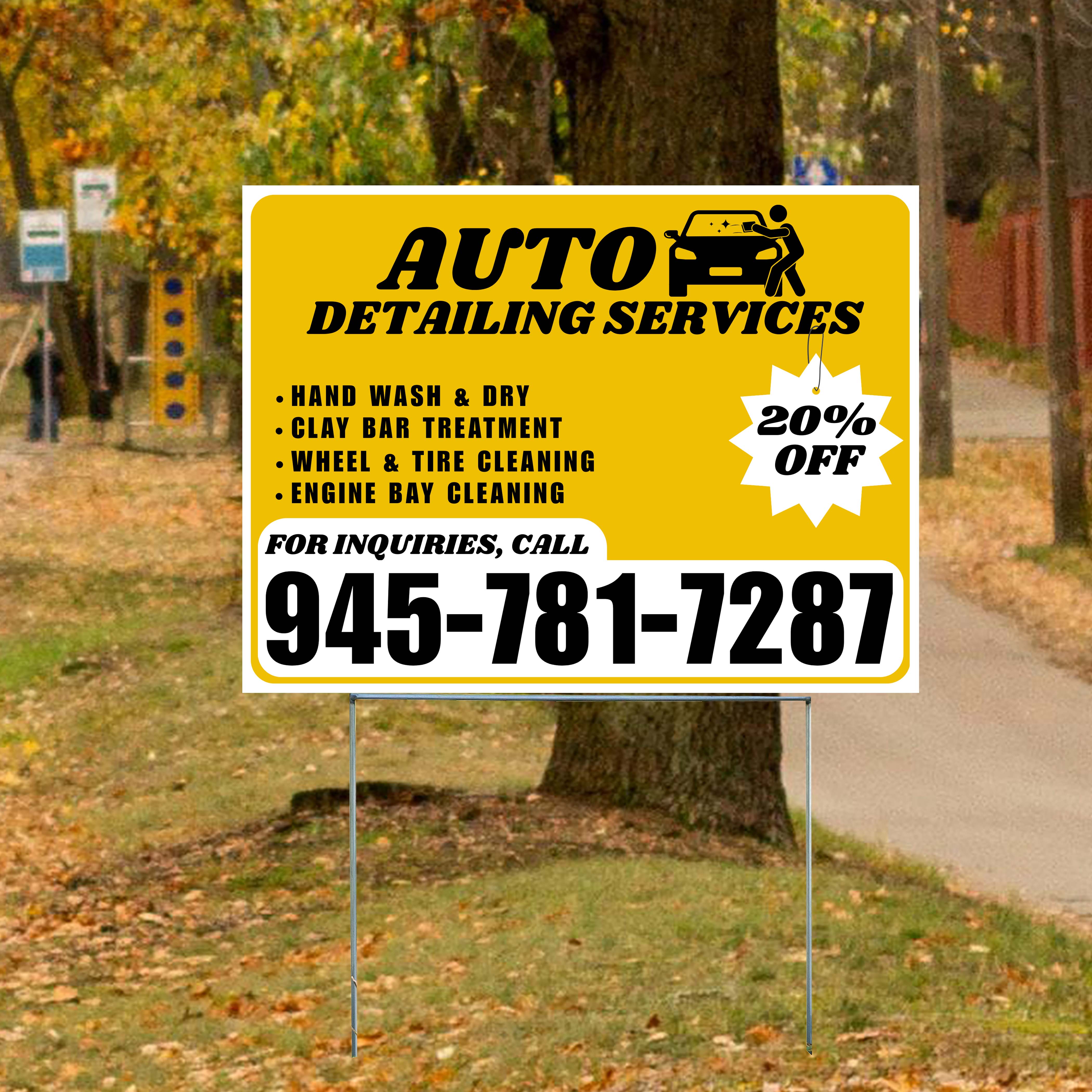 Auto Detailing Services - Hand Wash & Dry, Clay Bar Treatment, Wheel & Tire Cleaning, Engine Bay Cleaning with Discount Tag - Plain White Mustard Gold Design - YardSigns.com