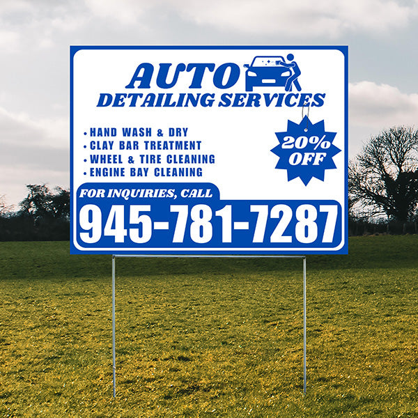 Auto Detailing Services - Hand Wash & Dry, Clay Bar Treatment, Wheel & Tire Cleaning, Engine Bay Cleaning with Discount Tag - Plain Blue White Design - YardSigns.com
