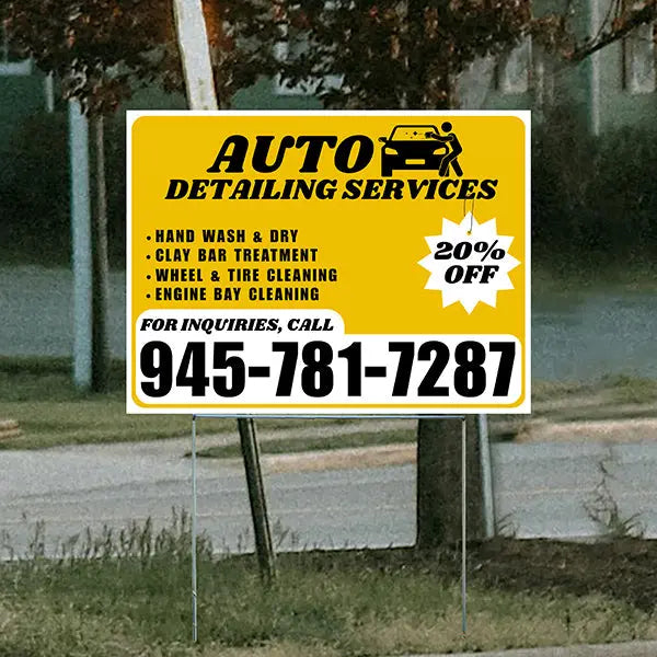 Auto Detailing Services - Hand Wash & Dry, Clay Bar Treatment, Wheel & Tire Cleaning, Engine Bay Cleaning with Discount Tag - Plain White Mustard Gold Design - YardSigns.com