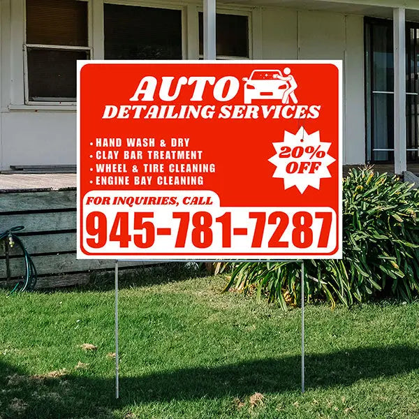 Auto Detailing Services - Hand Wash & Dry, Clay Bar Treatment, Wheel & Tire Cleaning, Engine Bay Cleaning with Discount Tag - Plain White Chili Red Design - YardSigns.com