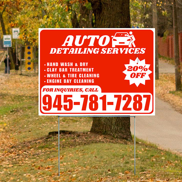 Auto Detailing Services - Hand Wash & Dry, Clay Bar Treatment, Wheel & Tire Cleaning, Engine Bay Cleaning with Discount Tag - Plain White Chili Red Design - YardSigns.com