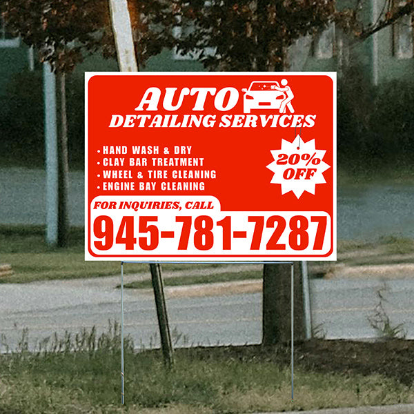 Auto Detailing Services - Hand Wash & Dry, Clay Bar Treatment, Wheel & Tire Cleaning, Engine Bay Cleaning with Discount Tag - Plain White Chili Red Design - YardSigns.com