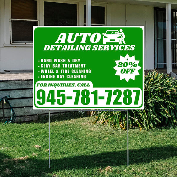 Auto Detailing Services - Hand Wash & Dry, Clay Bar Treatment, Wheel & Tire Cleaning, Engine Bay Cleaning with Discount Tag - Plain White Green Design - YardSigns.com