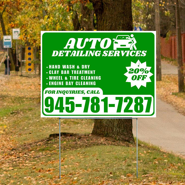 Auto Detailing Services - Hand Wash & Dry, Clay Bar Treatment, Wheel & Tire Cleaning, Engine Bay Cleaning with Discount Tag - Plain White Green Design - YardSigns.com