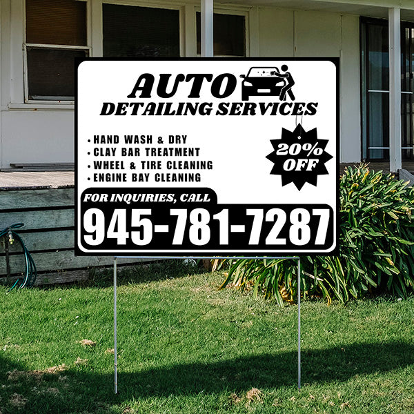 Auto Detailing Services - Hand Wash & Dry, Clay Bar Treatment, Wheel & Tire Cleaning, Engine Bay Cleaning with Discount Tag - Plain Black White Design - YardSigns.com