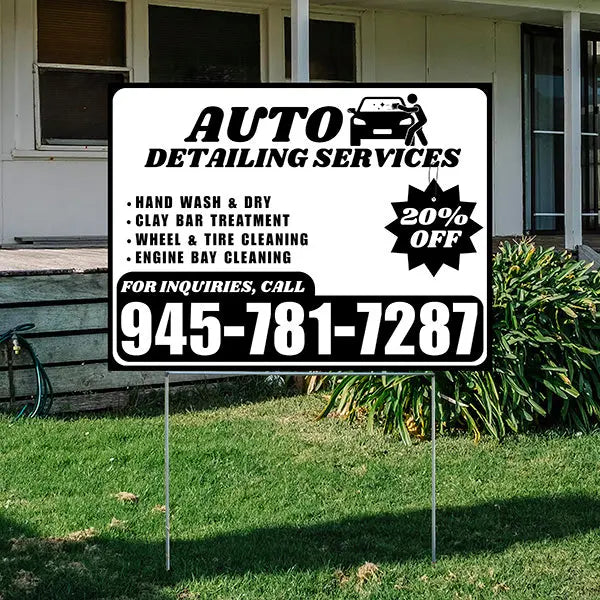 Auto Detailing Services - Hand Wash & Dry, Clay Bar Treatment, Wheel & Tire Cleaning, Engine Bay Cleaning with Discount Tag - Plain Black White Design YardSigns.com