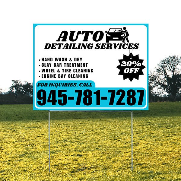 Auto Detailing Services - Hand Wash & Dry, Clay Bar Treatment, Wheel & Tire Cleaning, Engine Bay Cleaning with Discount Tag - Plain Aqua Blue White Design - YardSigns.com
