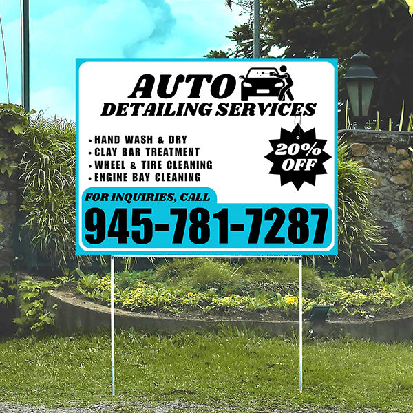Auto Detailing Services - Hand Wash & Dry, Clay Bar Treatment, Wheel & Tire Cleaning, Engine Bay Cleaning with Discount Tag - Plain Aqua Blue White Design - YardSigns.com