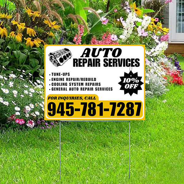 Auto Repair Services - Tune-Ups, Engine Repair/Rebuild, Cooling System Repairs, General Auto Repair Services with Discount Tag - Plain Mustard Gold White Design - YardSigns.com