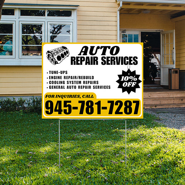 Auto Repair Services - Tune-Ups, Engine Repair/Rebuild, Cooling System Repairs, General Auto Repair Services with Discount Tag - Plain Mustard Gold White Design - YardSigns.com