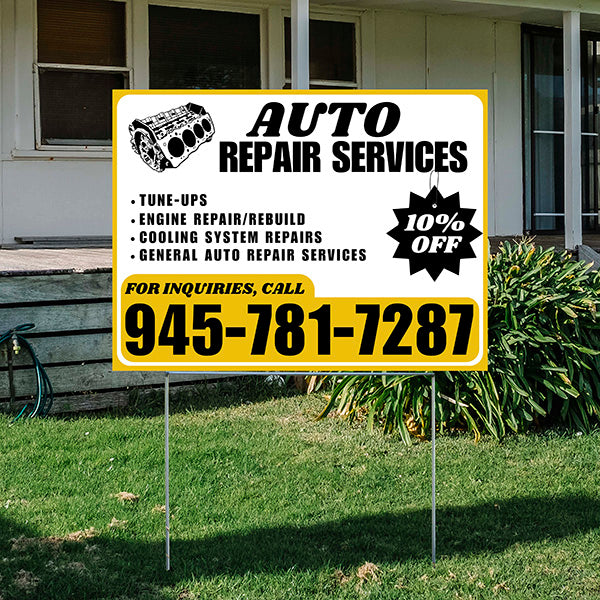 Auto Repair Services - Tune-Ups, Engine Repair/Rebuild, Cooling System Repairs, General Auto Repair Services with Discount Tag - Plain Mustard Gold White Design - YardSigns.com
