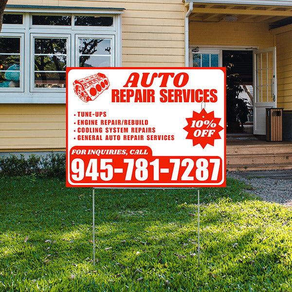 Auto Repair Services - Tune-Ups, Engine Repair/Rebuild, Cooling System Repairs, General Auto Repair Services with Discount Tag - Plain Chili Red White Design - YardSigns.com