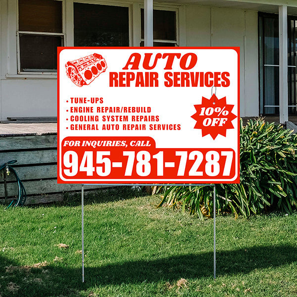 Auto Repair Services - Tune-Ups, Engine Repair/Rebuild, Cooling System Repairs, General Auto Repair Services with Discount Tag - Plain Chili Red White Design - YardSigns.com
