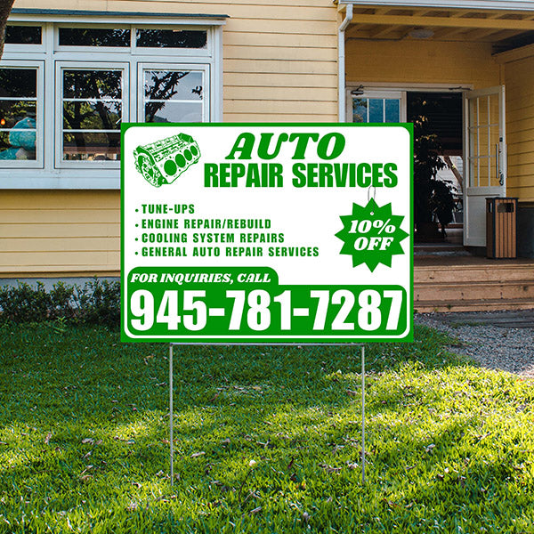 Auto Repair Services - Tune-Ups, Engine Repair/Rebuild, Cooling System Repairs, General Auto Repair Services with Discount Tag - Plain Green White Design - YardSigns.com
