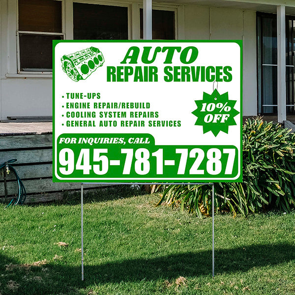Auto Repair Services - Tune-Ups, Engine Repair/Rebuild, Cooling System Repairs, General Auto Repair Services with Discount Tag - Plain Green White Design - YardSigns.com