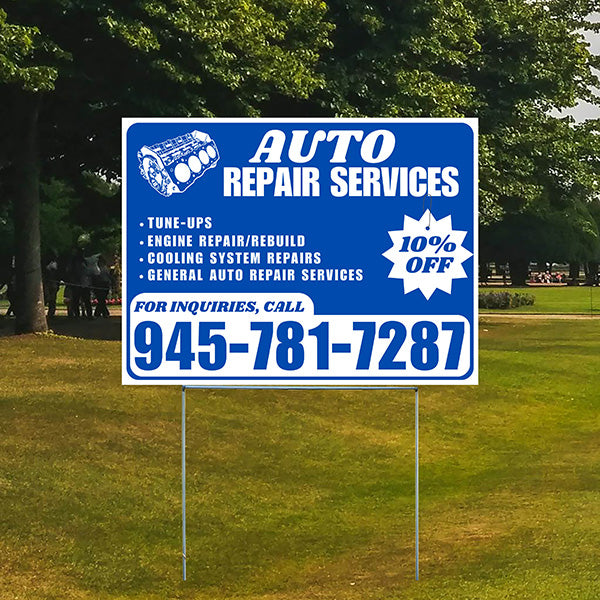 Auto Repair Services - Tune-Ups, Engine Repair/Rebuild, Cooling System Repairs, General Auto Repair Services with Discount Tag - Plain White Blue Design - YardSigns.com