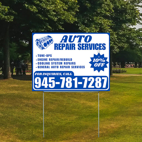 Auto Repair Services - Tune-Ups, Engine Repair/Rebuild, Cooling System Repairs, General Auto Repair Services with Discount Tag - Plain Blue White Design - YardSigns.com