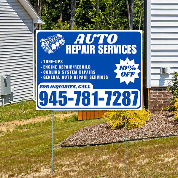 Auto Repair Services - Tune-Ups, Engine Repair/Rebuild, Cooling System Repairs, General Auto Repair Services with Discount Tag - Plain White Blue Design - YardSigns.com