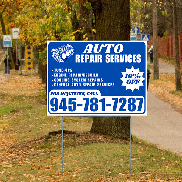 Auto Repair Services - Tune-Ups, Engine Repair/Rebuild, Cooling System Repairs, General Auto Repair Services with Discount Tag - Plain White Blue Design - YardSigns.com