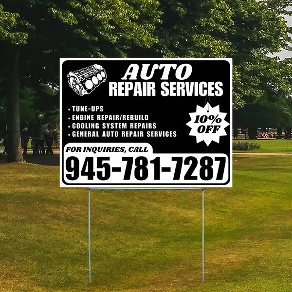 Auto Repair Services - Tune-Ups, Engine Repair/Rebuild, Cooling System Repairs, General Auto Repair Services with Discount Tag - Plain White Black Design - YardSigns.com